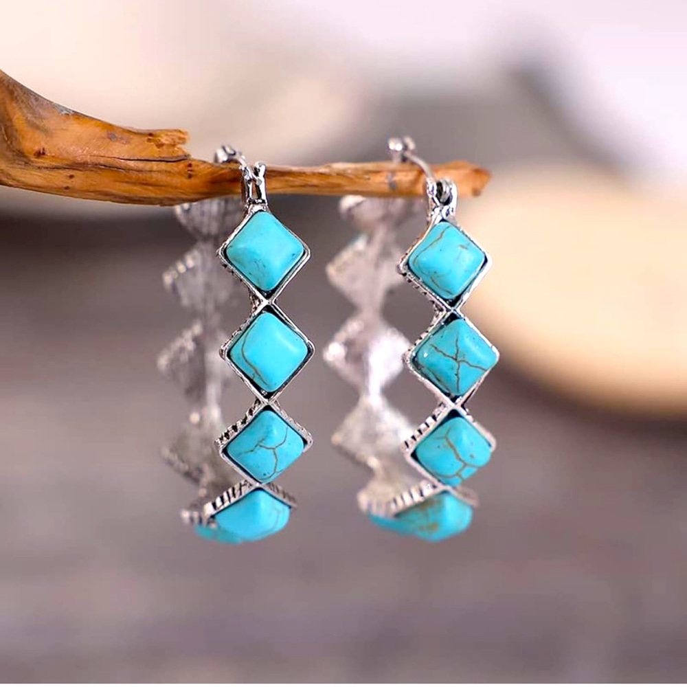 Turquoise Hoop Western Silver Color Earrings